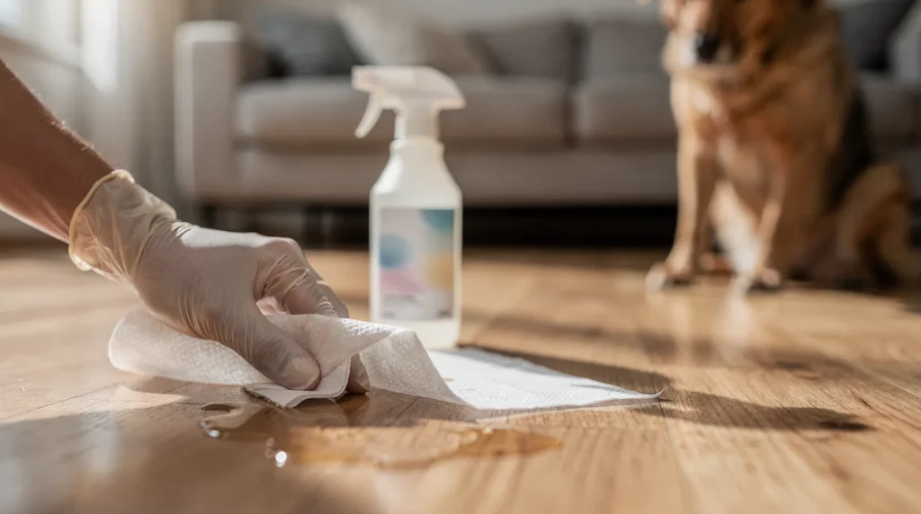 Blotting a fresh accident with layered paper towels topped by newspaper helps pull moisture out